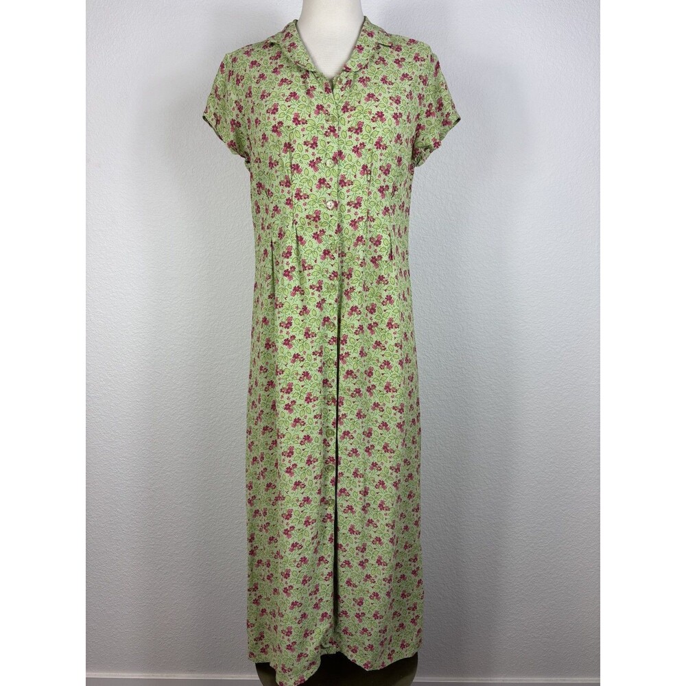 90s Button Front Rayon Womens Midi Dress M Green Mini Floral Tie Back Short Slv